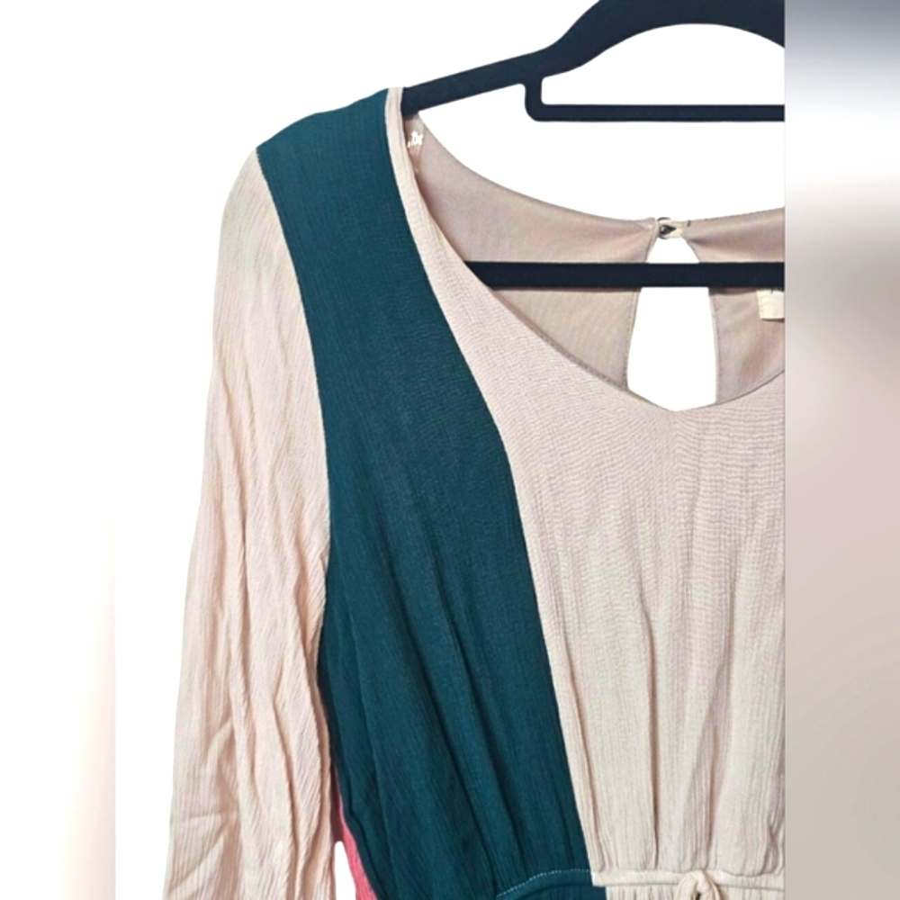 143 Story By Line Up Flowy Tiered Ruffle Longsleeve Midi Dress Colorblock Vneck - Picture 4 of 15
